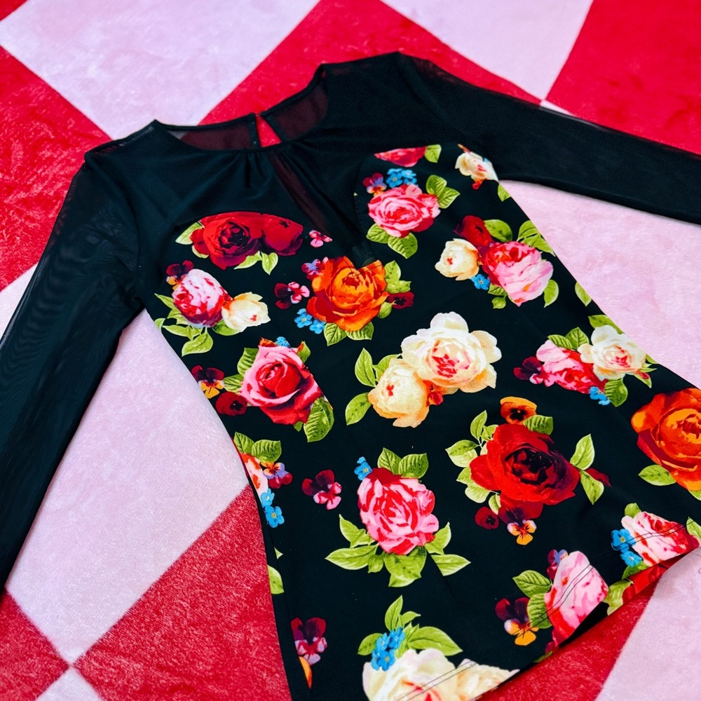 GUESS Y2K Floral Rose Sheer Mesh Long Sleeve Top – Small